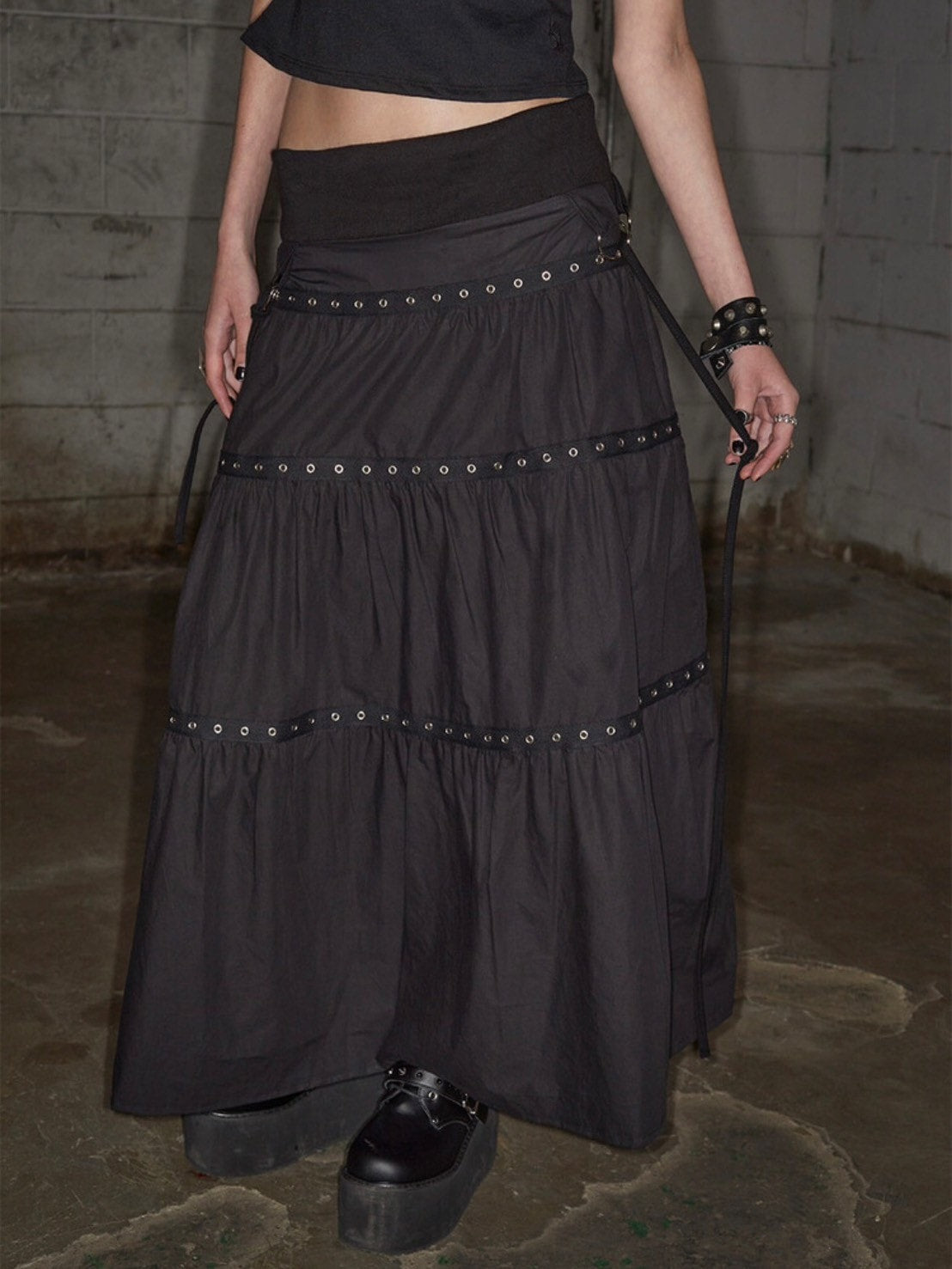 Tiered Eyelet Maxi Skirt - Black