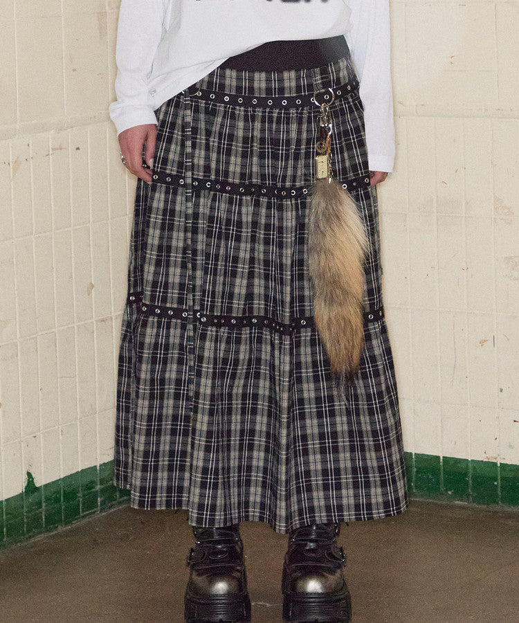 先行予約販売 - Tiered Eyelet Maxi Skirt - Check