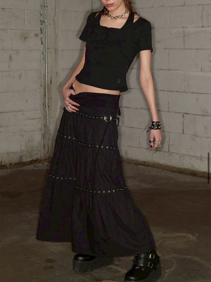 先行予約販売 - Tiered Eyelet Maxi Skirt - Black