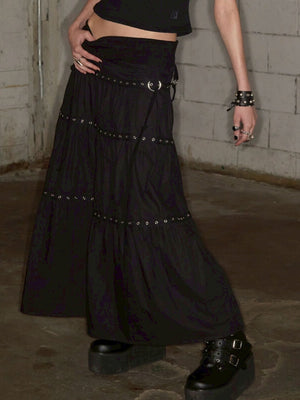 Tiered Eyelet Maxi Skirt - Black