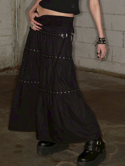 先行予約販売 - Tiered Eyelet Maxi Skirt - Black