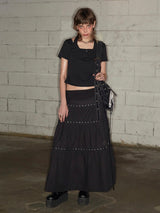 Tiered Eyelet Maxi Skirt - Black