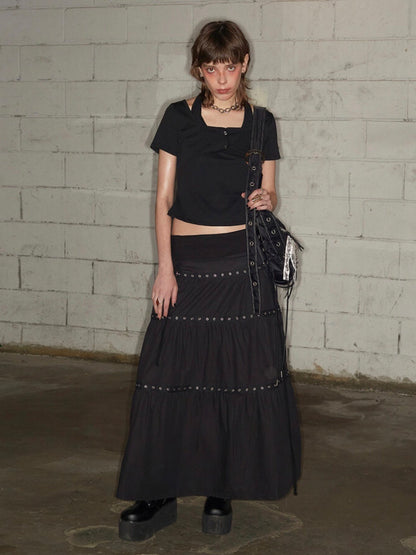 先行予約販売 - Tiered Eyelet Maxi Skirt - Black