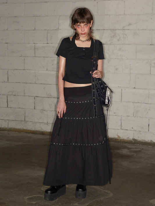 先行予約販売 - Tiered Eyelet Maxi Skirt - Black