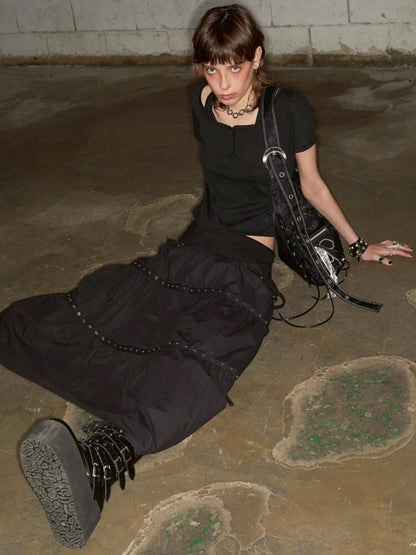 先行予約販売 - Tiered Eyelet Maxi Skirt - Black