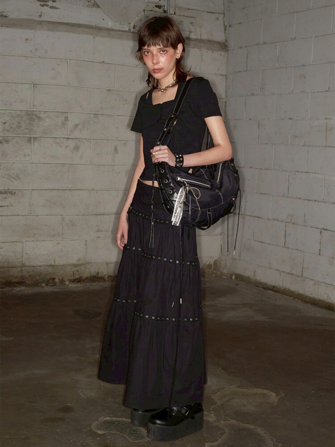 Tiered Eyelet Maxi Skirt - Black