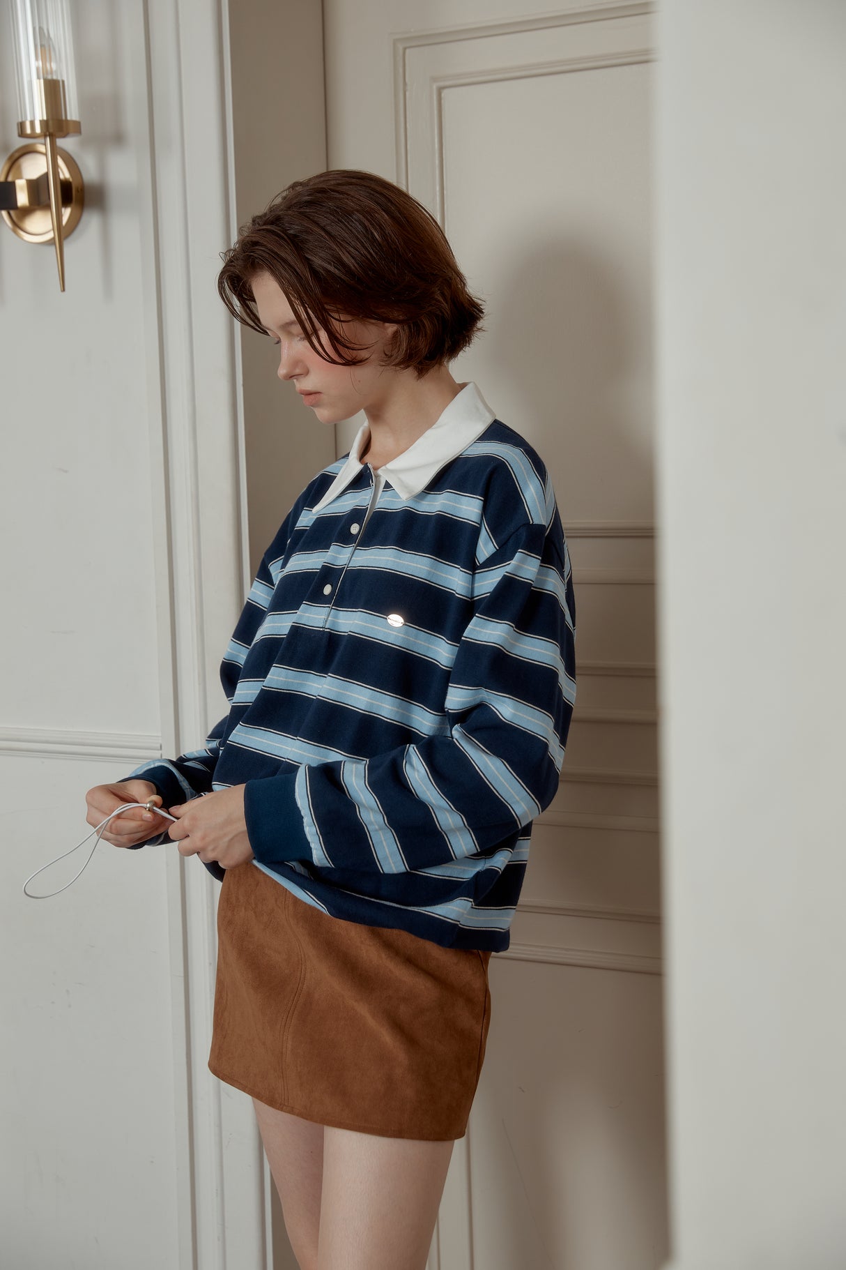 NEW STRIPE STRING RUGBY SWEATSHIRTS - Navy